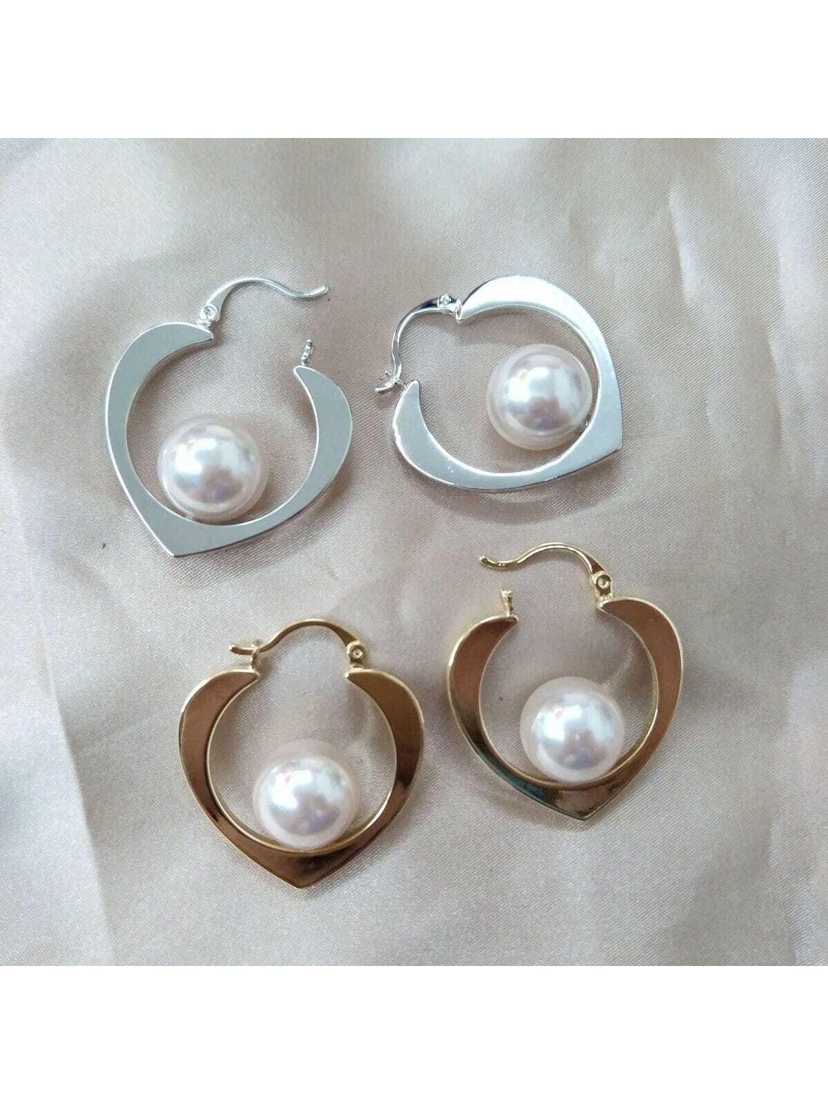 1 Pair Of Metal Casual Love Heart Pearl Circle Design Irregular High-End Earrings Suitable For Daily Wear Evening Weddings--1