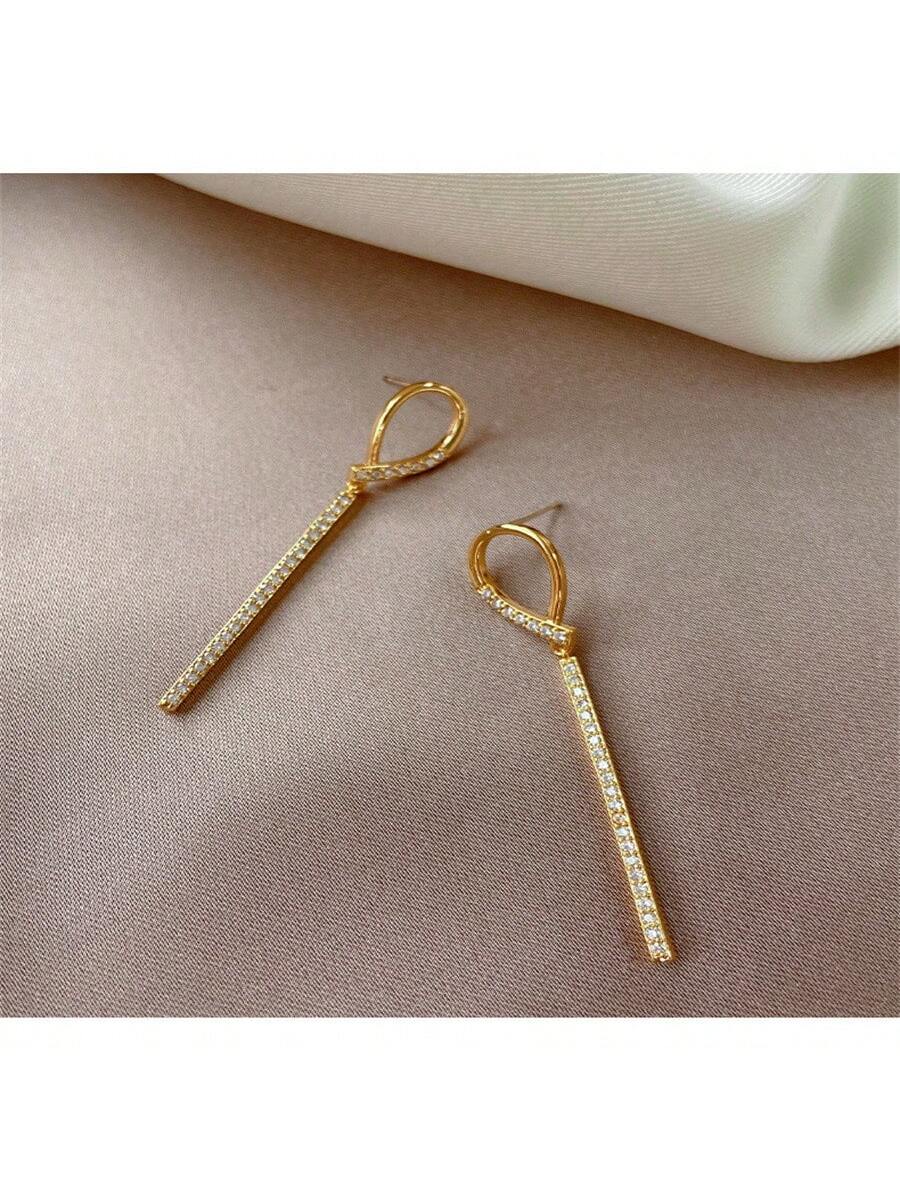 S925 Silver Korean Style Earrings With Minimalist Design, Micro Inlaid Diamonds & Tassel Detail-Gold-1