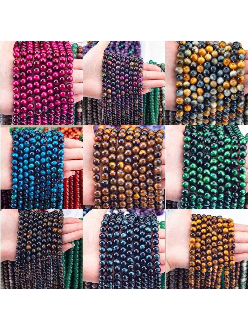 Natural Colored Tiger Eye Beads Set Blue/Green/Pink/Purple/Teal/Yellow, Diy Beading Materials--1