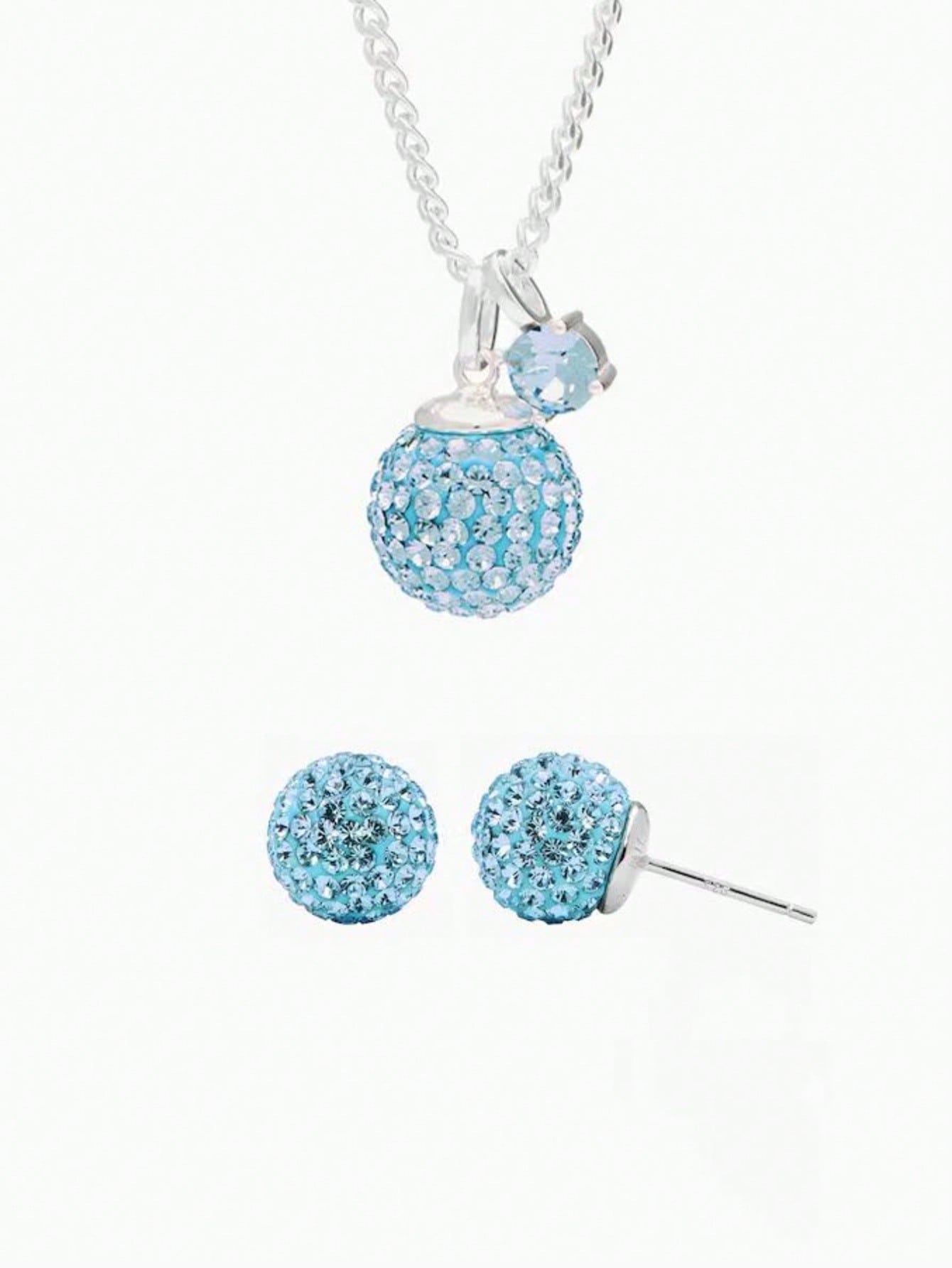 Sterling Silver Sparkling Ball Earrings Necklace Set-Blue-1