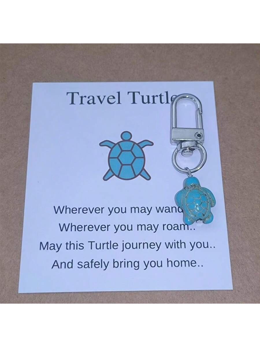 Paper Card Three-Door Buckle Turquoise Turtle Keychain Simulation Turquoise White Turquoise Turtle Key With Card Travel Turtle-Green-1