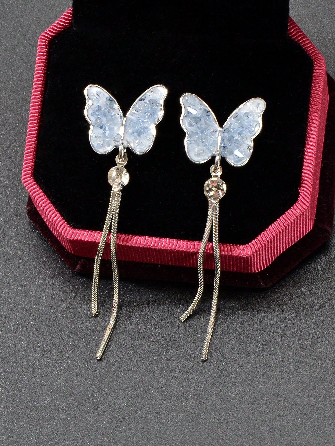 1pair Sweet Light Blue Butterfly With Silver Long Chain Tassel Dangle Earrings Engagement Gift Jewelry-Baby Blue-1