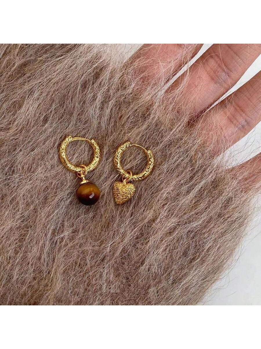 "Autumn Secret Realm" Asymmetric Malachite Tiger Eye Stone Earrings, New Arrival For Autumn And Winter, Unique Style, High Fashion, Versatile-Brown-1