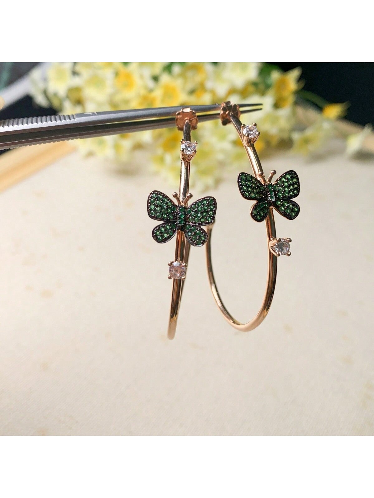 1pair 925 Silver Butterfly Earrings, Suitable For Party, Wedding, Heartfelt Gift, Valentine'S Day Gift, Couple'S Gift-Green-1