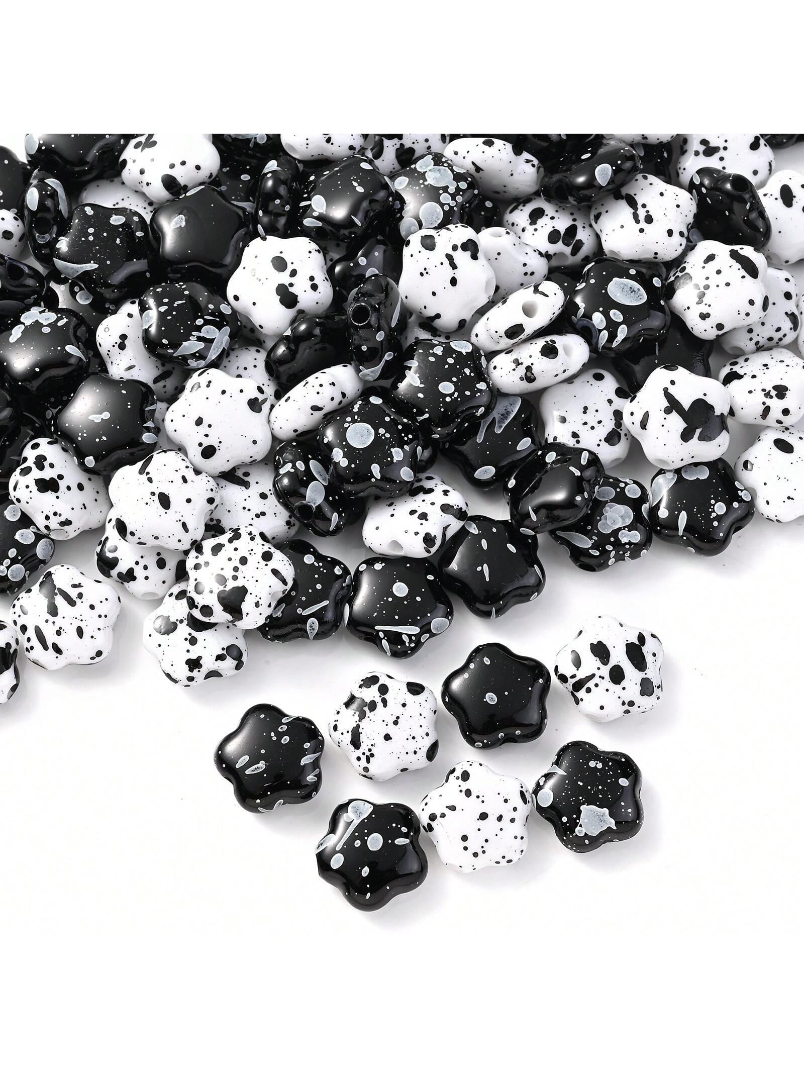 Fashion Print Design White Black Plum Blossom Beads Y2K Style 14mm Acrylic Flower Beads For DIY Jewelry Making--1