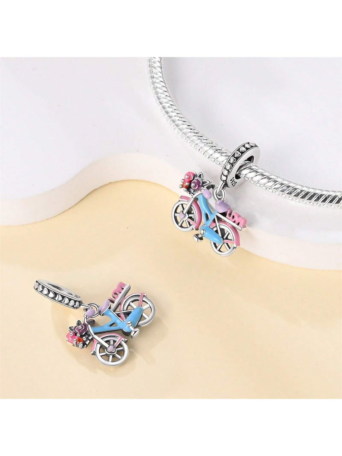 A Piece Of 925 Sterling Silver Happy Spring Travel Bicycle Airplane Butterfly Flowers Hot Air Balloon Camera Shape Beads Suitable For Original Diy Decoration Bracelet Necklace/Festival Gift For Friends-Apricot-1