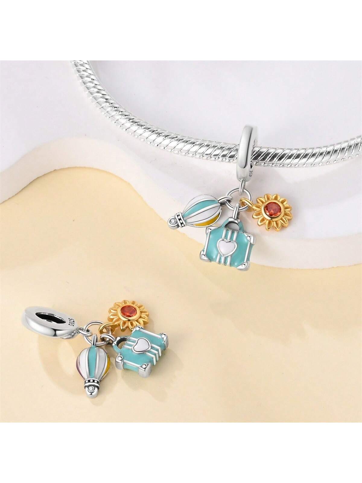 A Piece Of 925 Sterling Silver Happy Spring Cute Creative Vacation Plane Butterfly Flower Hot Air Balloon Shape Beads Large Hole Beads Suitable For Original Diy Decoration Bracelet Necklace/Festival Gift For Friends-Apricot-1