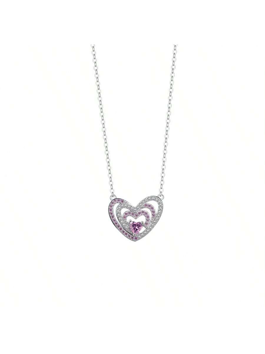 1 Pc S925 Sterling Silver CZ Zirconia Necklace, Peach Heart Pendant, Gift Jewelry For Family & Friends--1