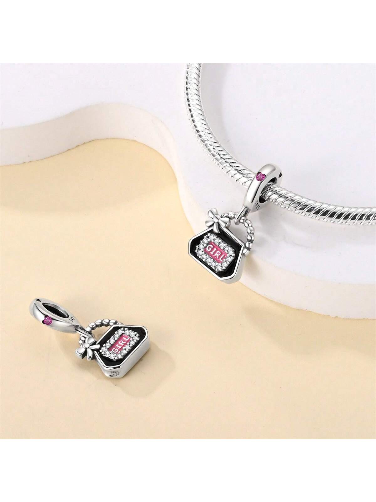 1pc 925 Sterling Silver Charm With Lipstick, Perfume, High Heels Design Beaded Pendant For Diy Bracelet & Necklace Jewelry Making Gift-Apricot-1