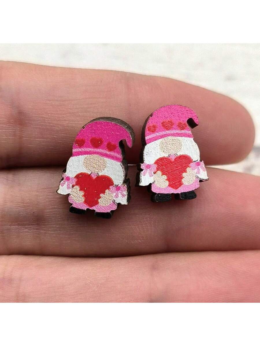 Cute Miniature Rainbow Love Wooden Ear Studs, Popular Women'S Valentine'S Day Themed Earrings, Gift For Valentine'S Day--1