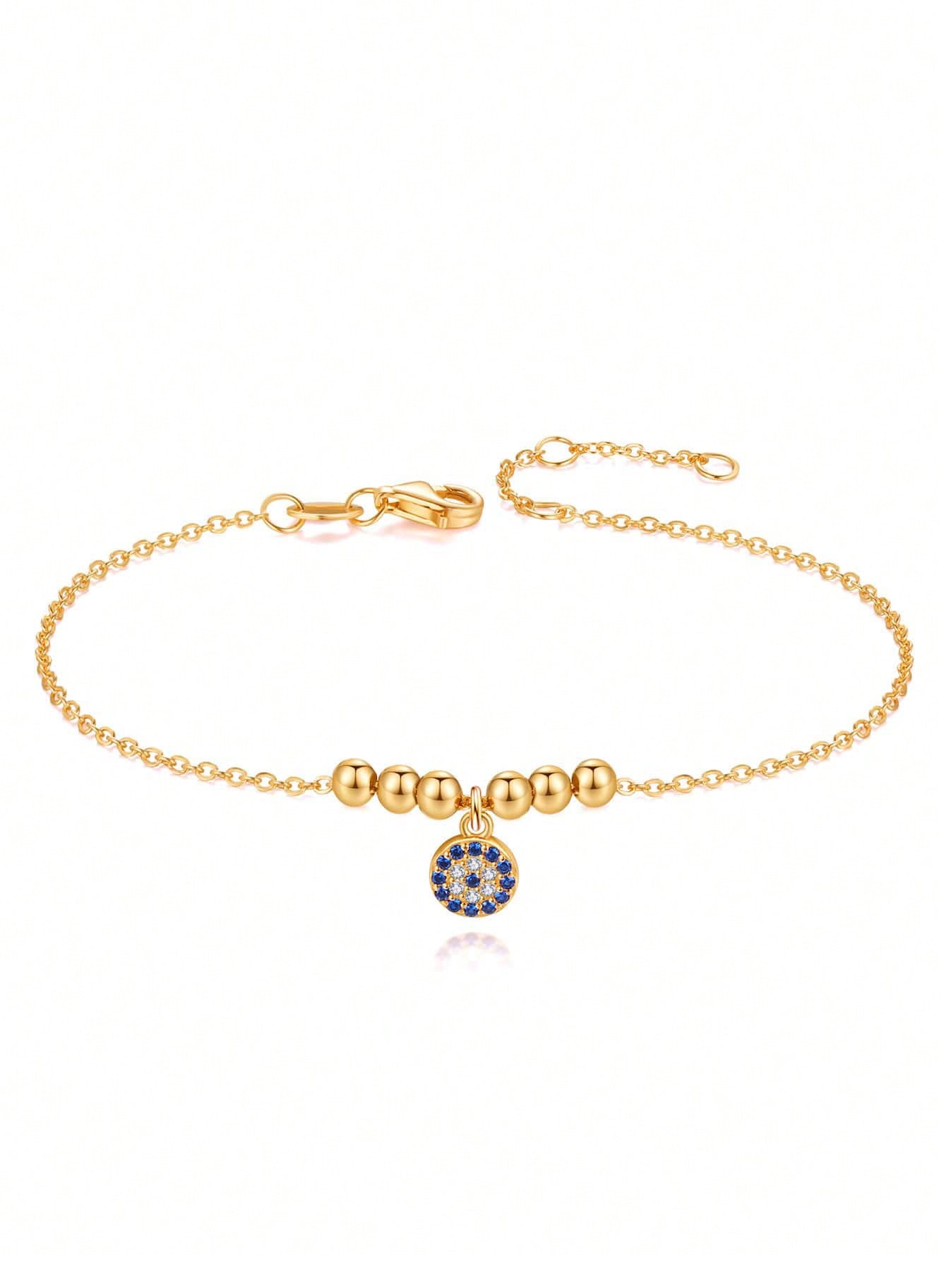 1pc 925 Sterling Silver Beaded Evil Eye Bracelet-Gold-1