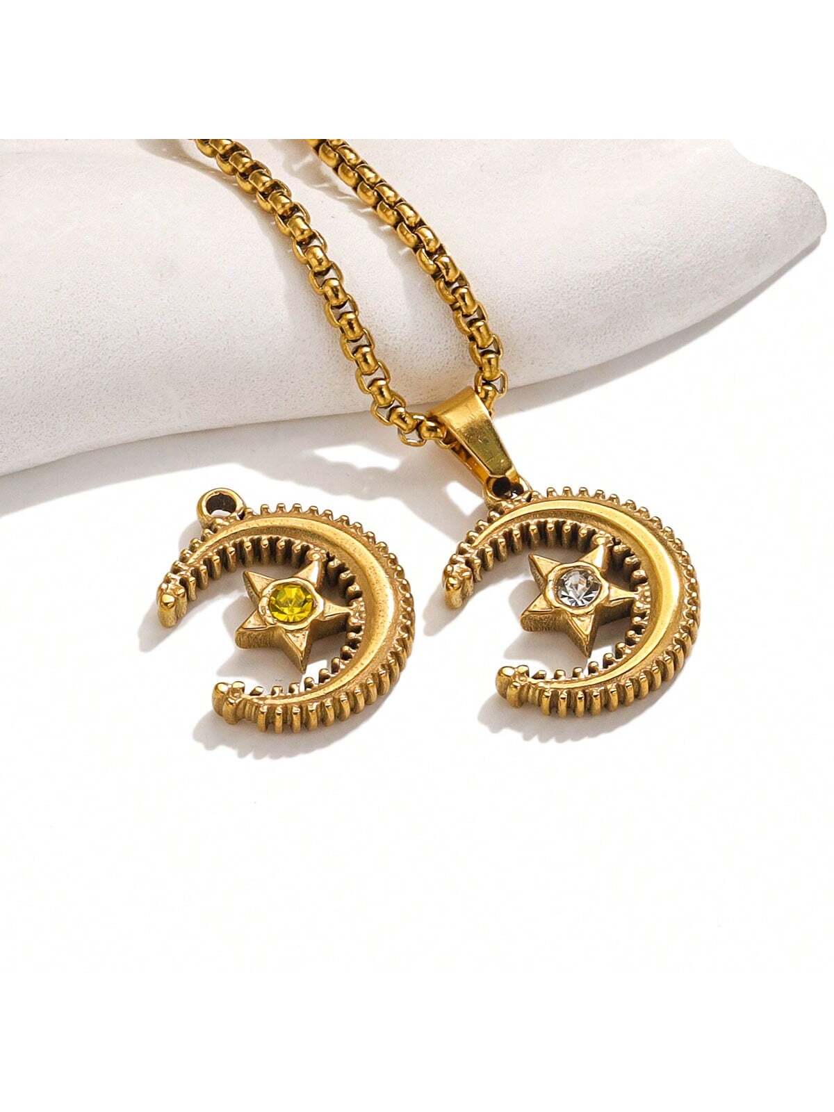 2pcs 304 Stainless Steel 18k Gold Plated With Rhinestones Moon Star Necklace Jewelry Pendant DIY Jewelry Accessories Natural Stone Pendant Necklace--1