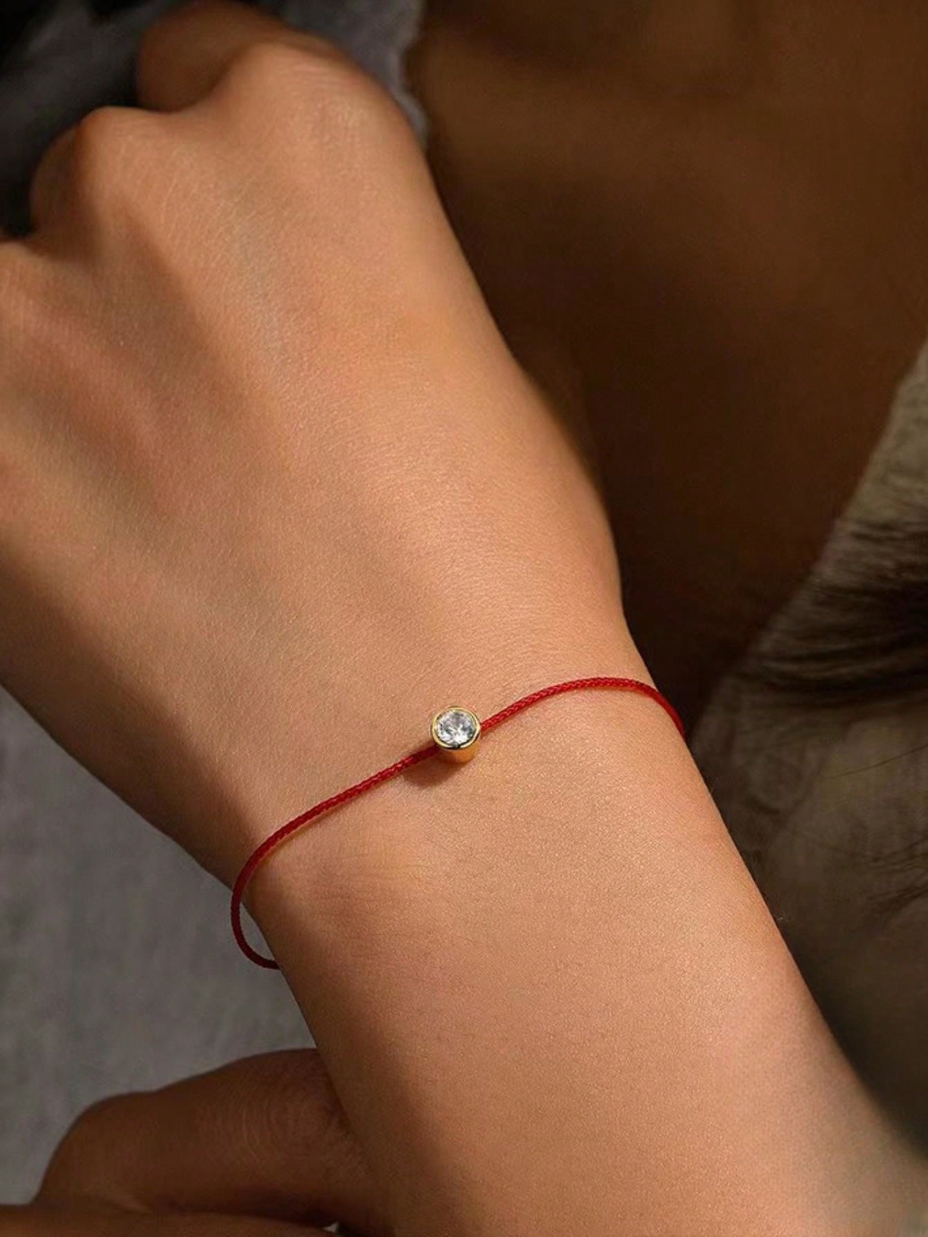 1pc Elegant & Simple & Versatile & Personalized S925 Sterling Silver & Cubic Zirconia Decor Single Stone Red Cord Bracelet For Women As Gift For Daily Wear-Gold-1