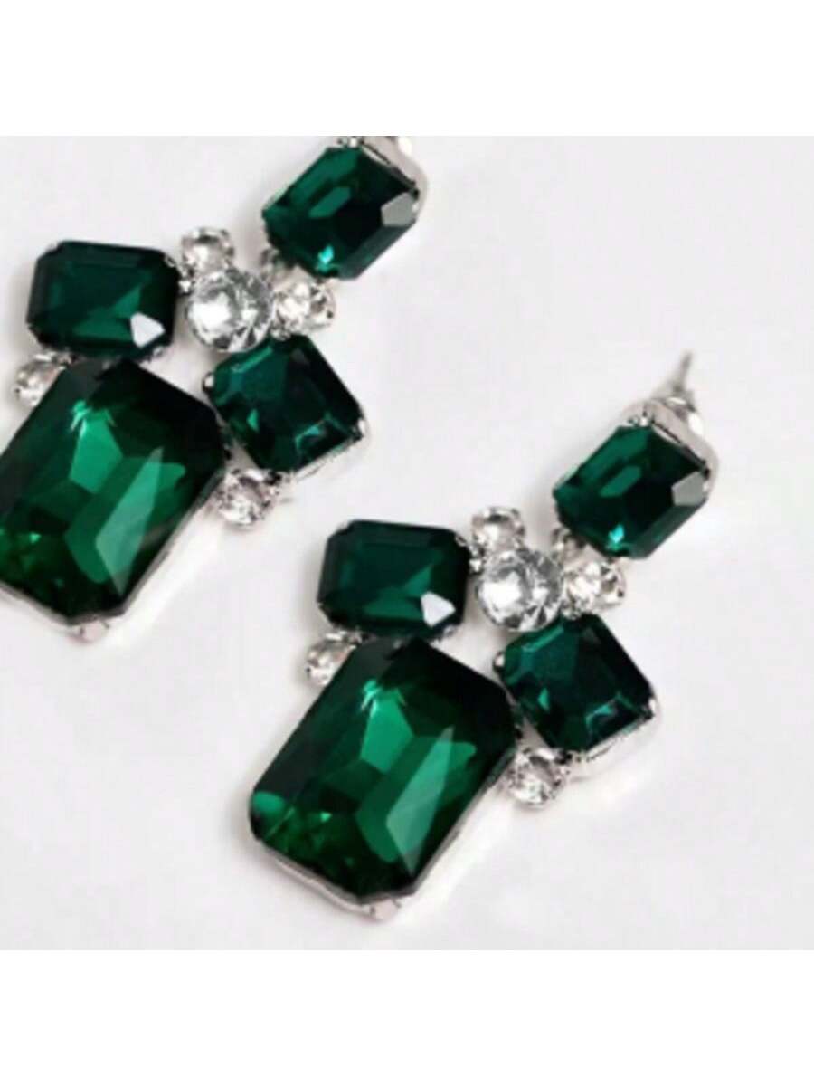 1 Pair Of Trendy And High-End Long Earrings Set With Green Rhinestones, Feminine And Exaggerated Earrings-Multicolor-1