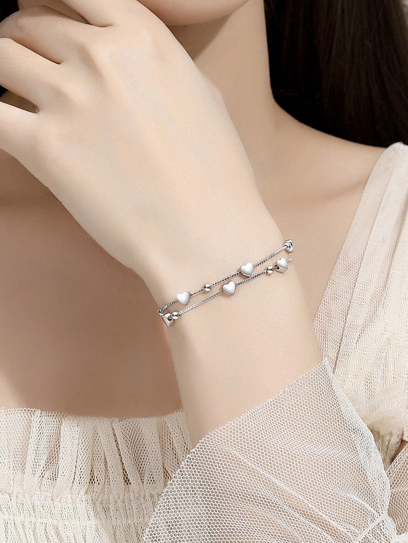 Women'S 925 Sterling Silver Heart Shaped Double Strand Bracelet With Minimalist Korean Style Design And Box Chain-White-1