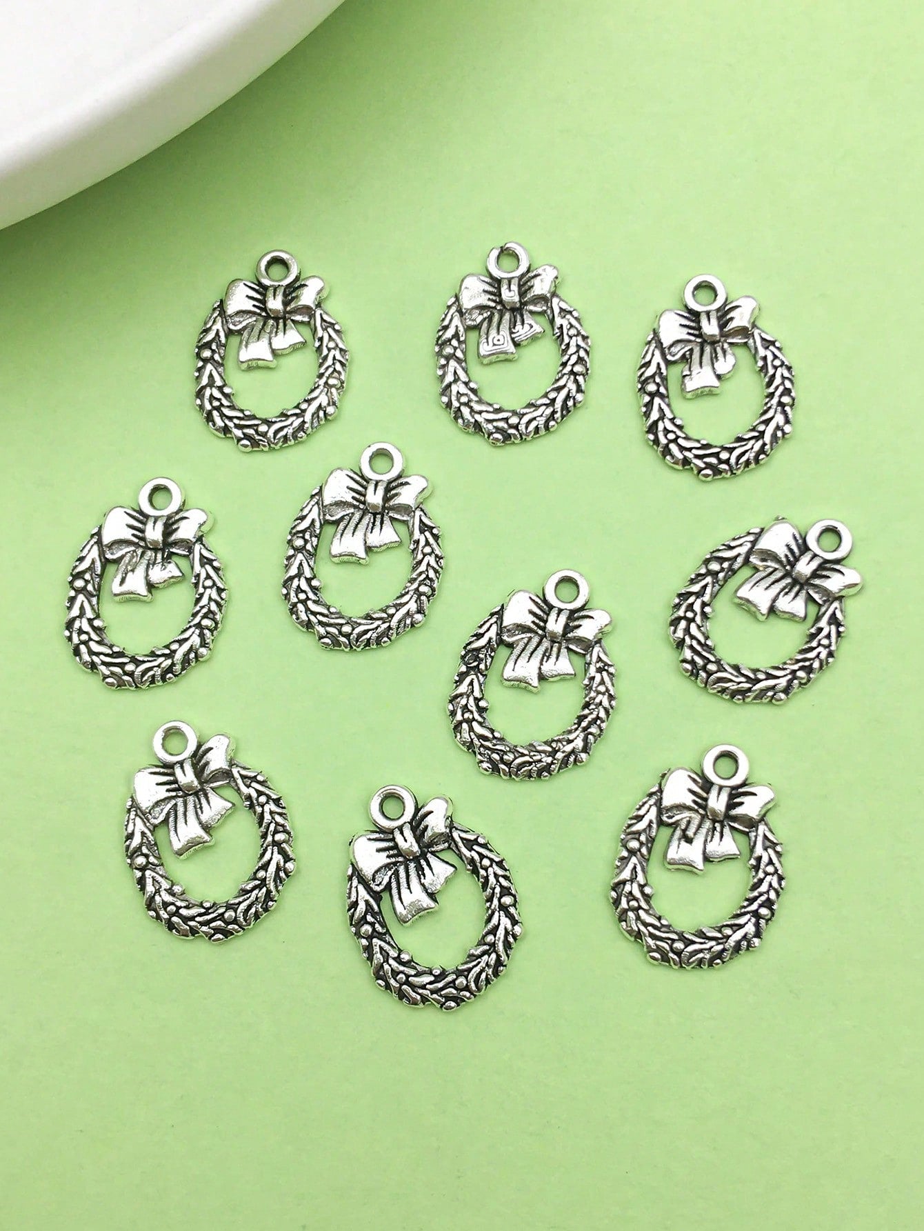 20pcs Antique Silver Alloy Bow Wreath Charm DIY Pendant For Bracelet Jewelry Craft Making Accessories Jewelry Supplies-Silver-1