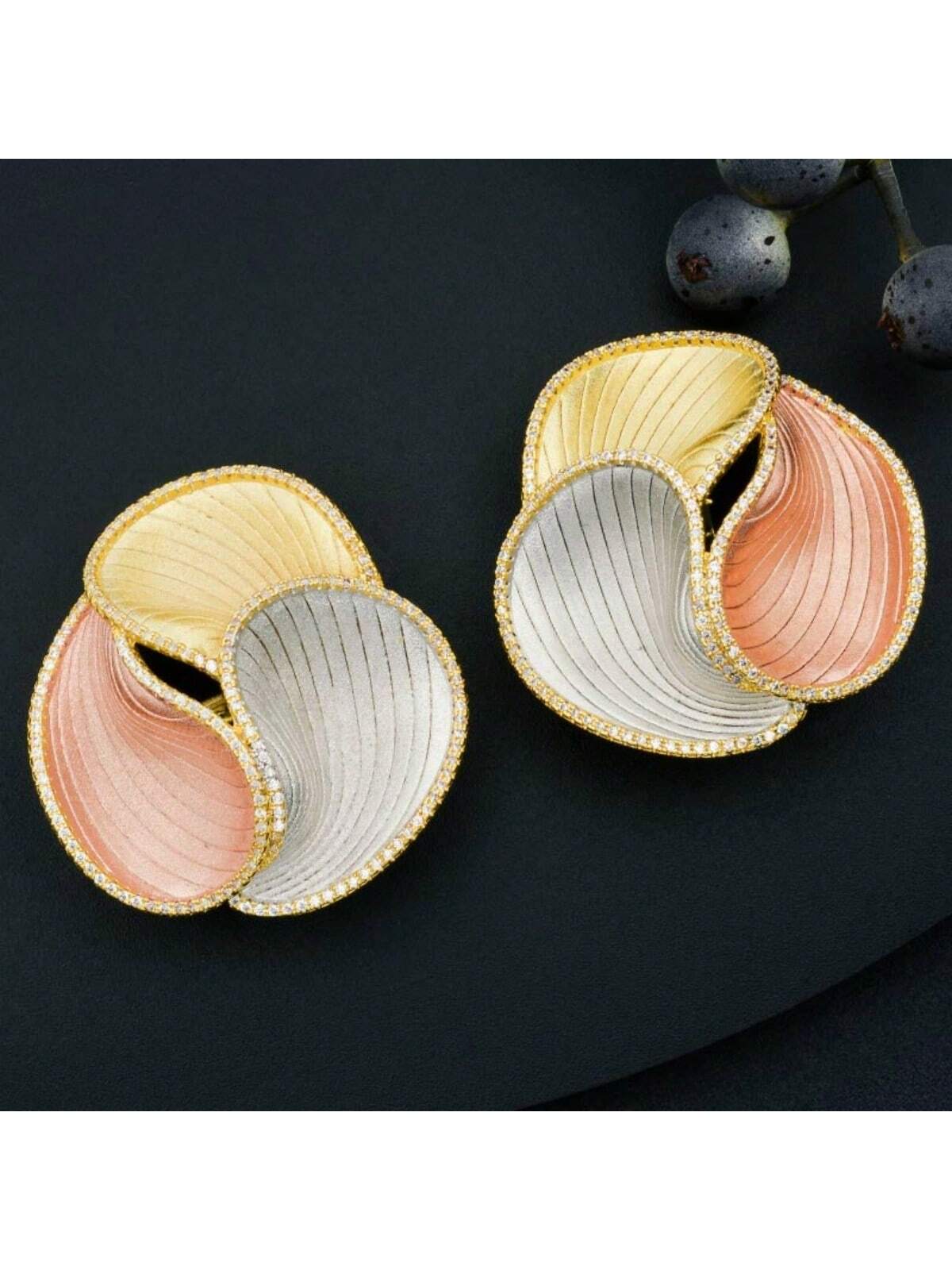 Zirconia Inlaid Petal Combination Round Shaped Tricolor Plated Women'S Earrings-Gold-1