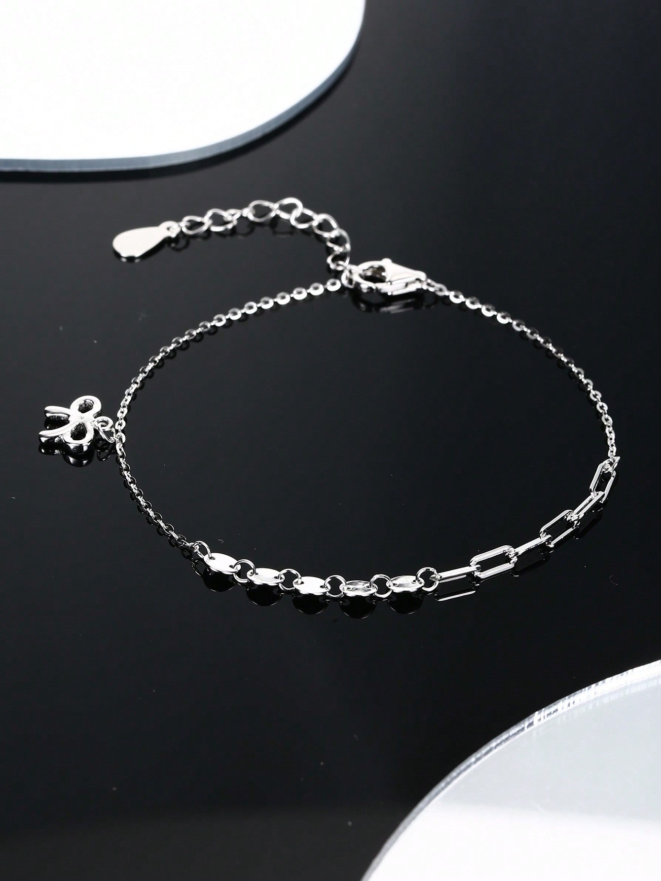 1pc S925 Sterling Silver Bracelet, Silver Bowknot Design Asymmetric Chain Bracelet, Simple And Elegant, Suitable For Daily Wear, Best Gift For Friends And Girlfriend-Silver-1