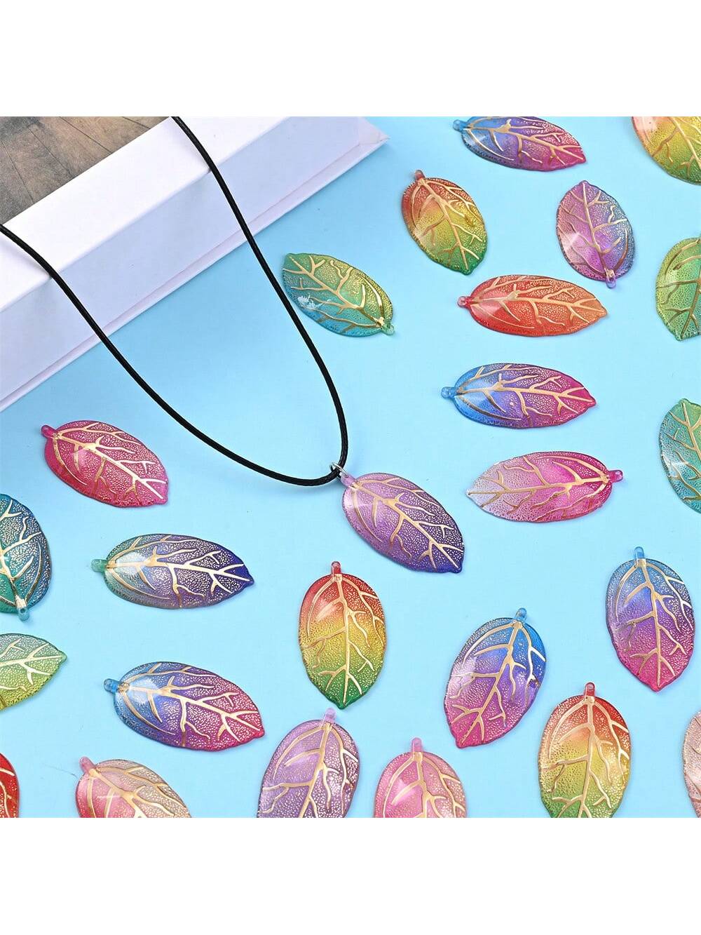 10pcs Simulation Colorful Leaf Pendant Charms Beads Mix Gradient Acrylic Beads Pendant 21*40mm For Jewelry Making Necklace Earring--1