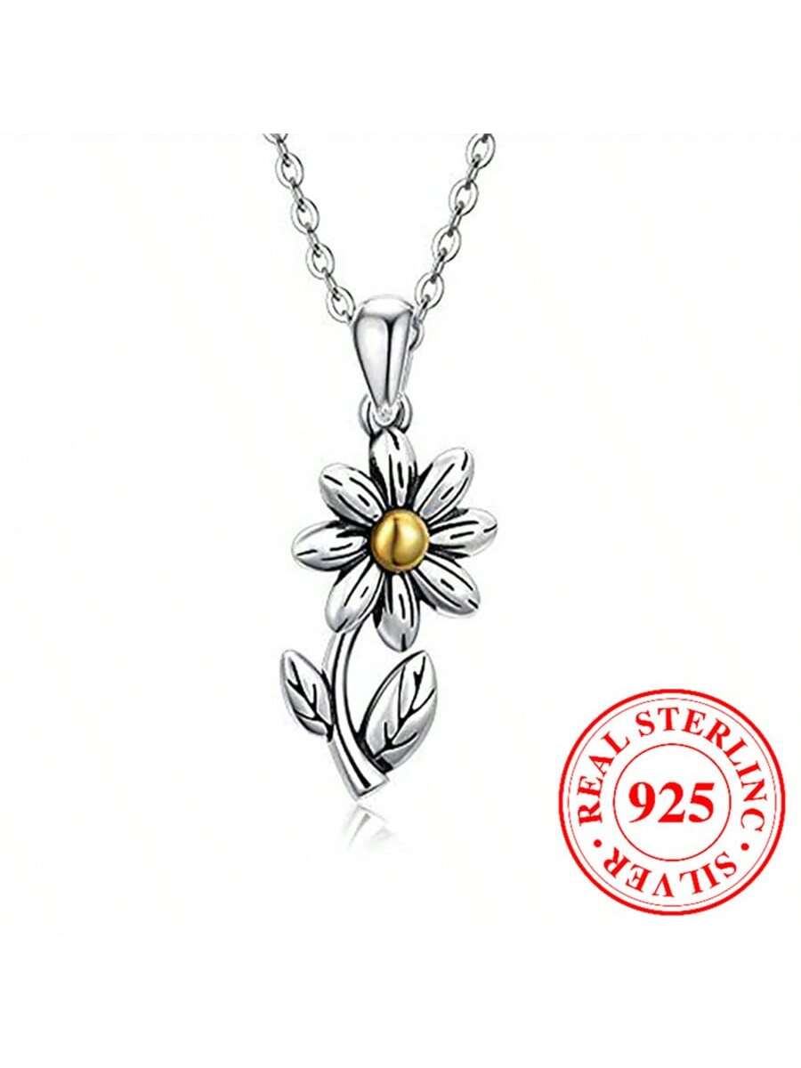 1pc Delicate Sterling Silver Two-Tone Sunflower Pendant Necklace, Women'S Birthday Gift & Valentine'S Day Gift--1