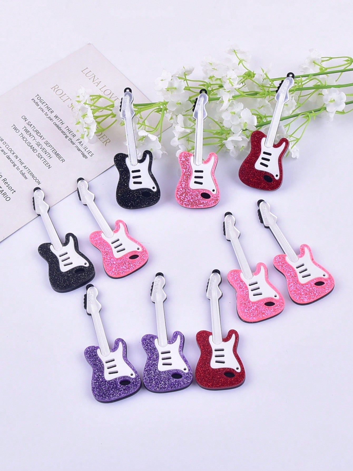 10pcs/Set Fashionable Guitar Shaped Acrylic Jewelry Pendant For Women'S Earring, Necklace, Key Chain Making--1