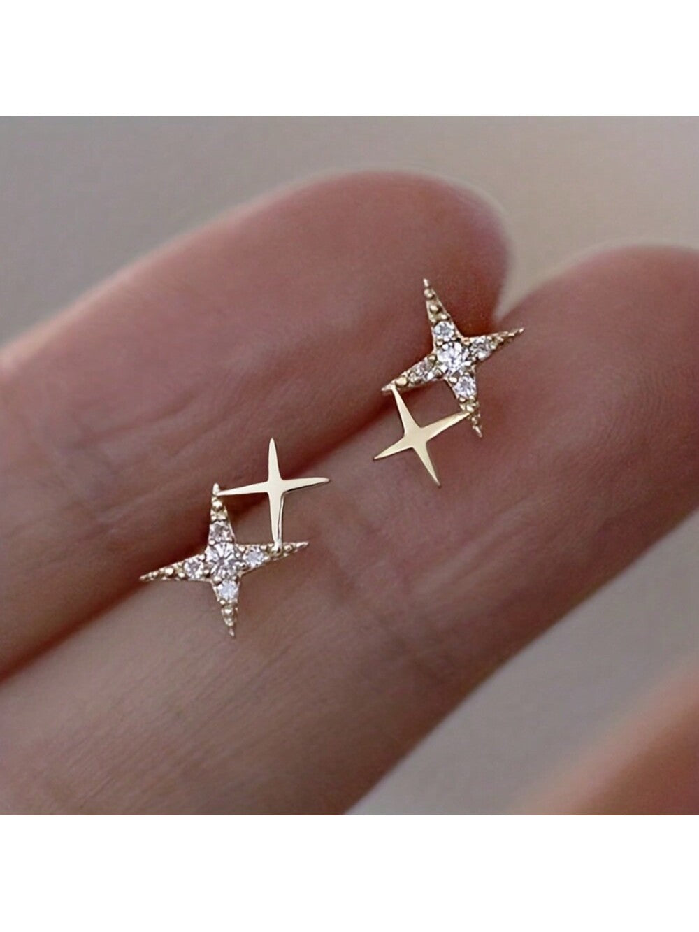 Double Star Stud Earrings Inlaid   For Women Proposal Engagement Party Jewelry Gift-Gold-1