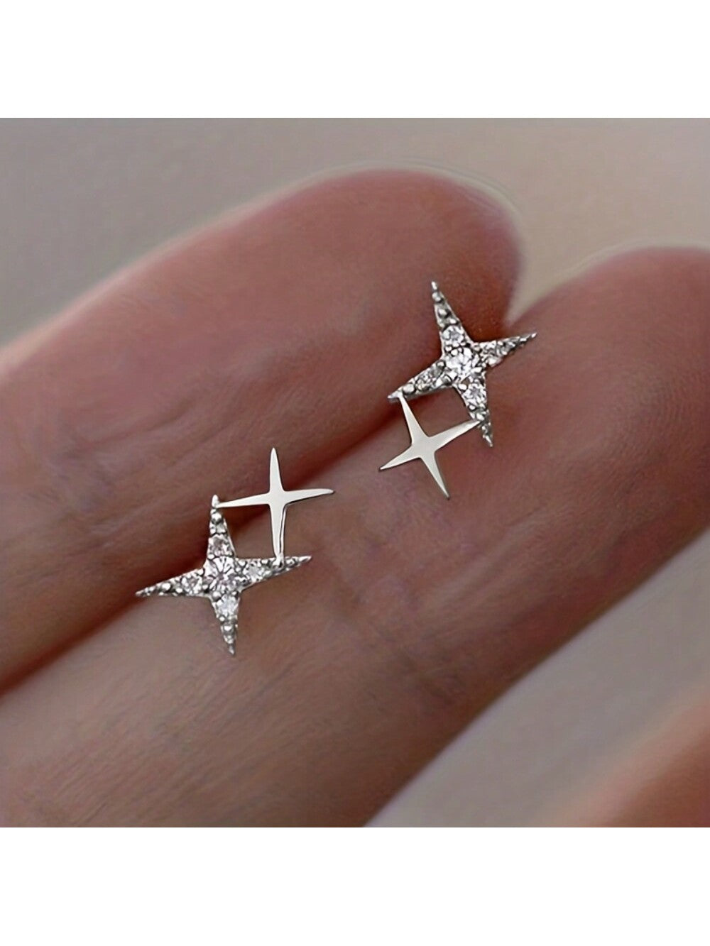 Double Star Stud Earrings Inlaid   For Women Proposal Engagement Party Jewelry Gift-Silver-1