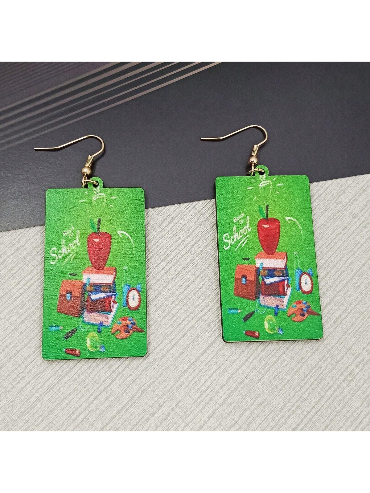 1 Pair New Cross-Border Arrival, Stylish & Elegant Minimalist Wood Earrings With Green Cartoon Pattern, Suitable For Women'S Daily Wear-Multicolor-1