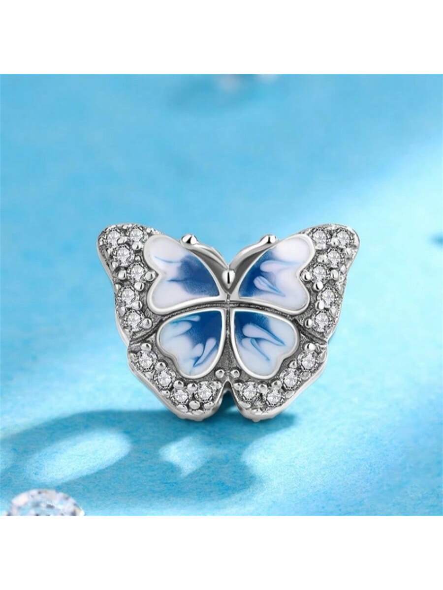 Fashionable And Gorgeous Blue Butterfly Charm Sterling Silver Style Diy Jewelry Bracelet Beaded Light Luxury Gift For Girlfriend Trendy New Product-White-1