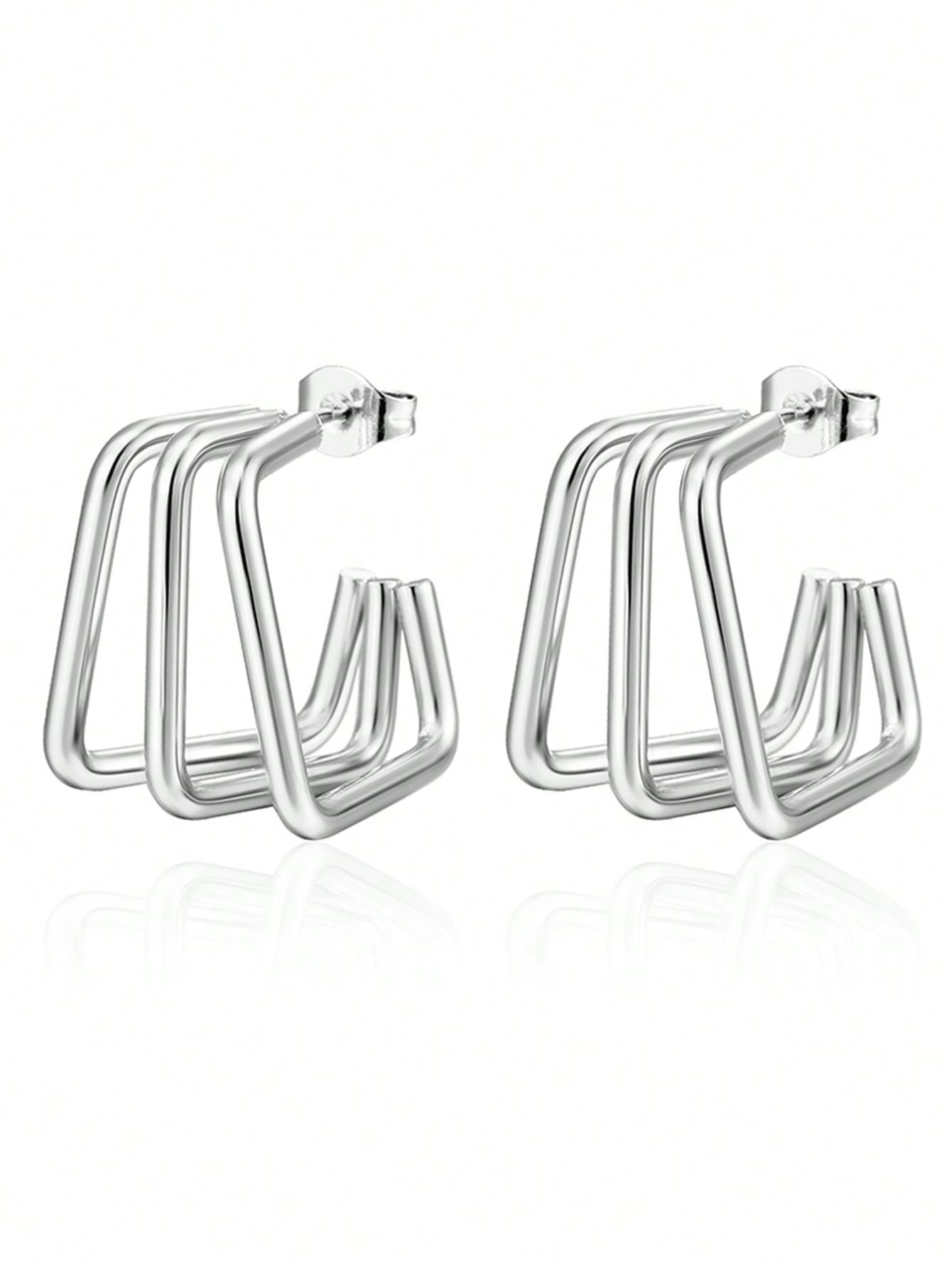 1pair Fashion Multi Layered Spliced Stainless Steel Circular Earrings Suitable For Daily Wear By Women-Silver-1