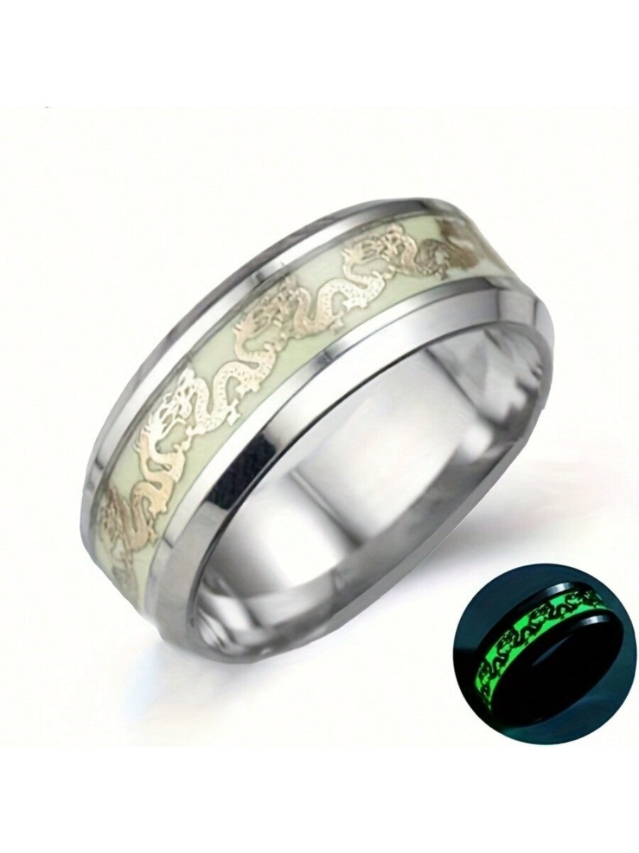 1 Stylish, Cool And Unique 8mm Stainless Steel Luminous Dragon Ring, Men's And Women's Dragon Totem Luminous Couple Ring, Wedding Ring, Jewelry Gift, Best Holiday Gift Ring For Your Favorite Person-Silver-1