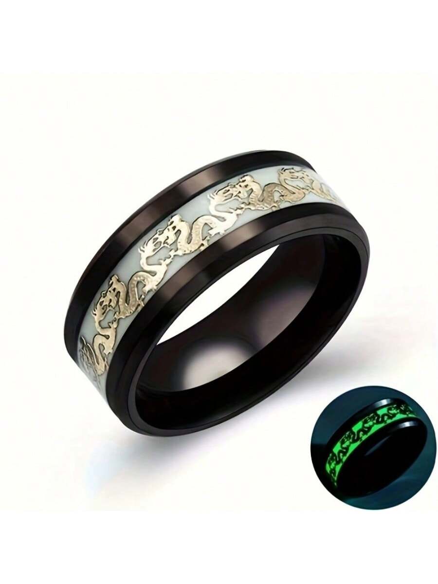 1 Stylish, Cool And Unique 8mm Stainless Steel Luminous Dragon Ring, Men's And Women's Dragon Totem Luminous Couple Ring, Wedding Ring, Jewelry Gift, Best Holiday Gift Ring For Your Favorite Person-Black-1