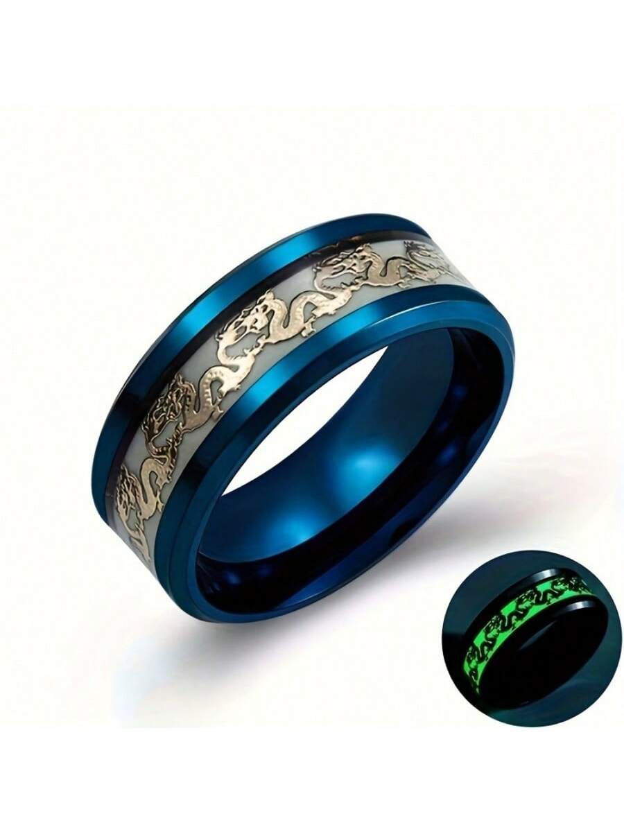 1 Stylish, Cool And Unique 8mm Stainless Steel Luminous Dragon Ring, Men's And Women's Dragon Totem Luminous Couple Ring, Wedding Ring, Jewelry Gift, Best Holiday Gift Ring For Your Favorite Person-Blue-1