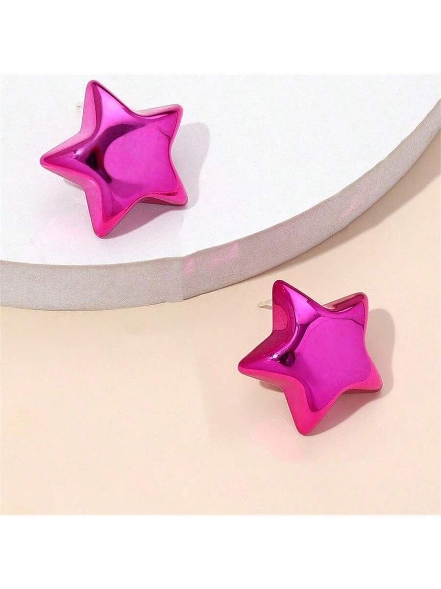 1 Pair Of Fashionable Retro Young Ccb Material Uv Plated Five-Pointed Star Earrings Suitable For Daily Wear By Men And Women-Hot Pink-1