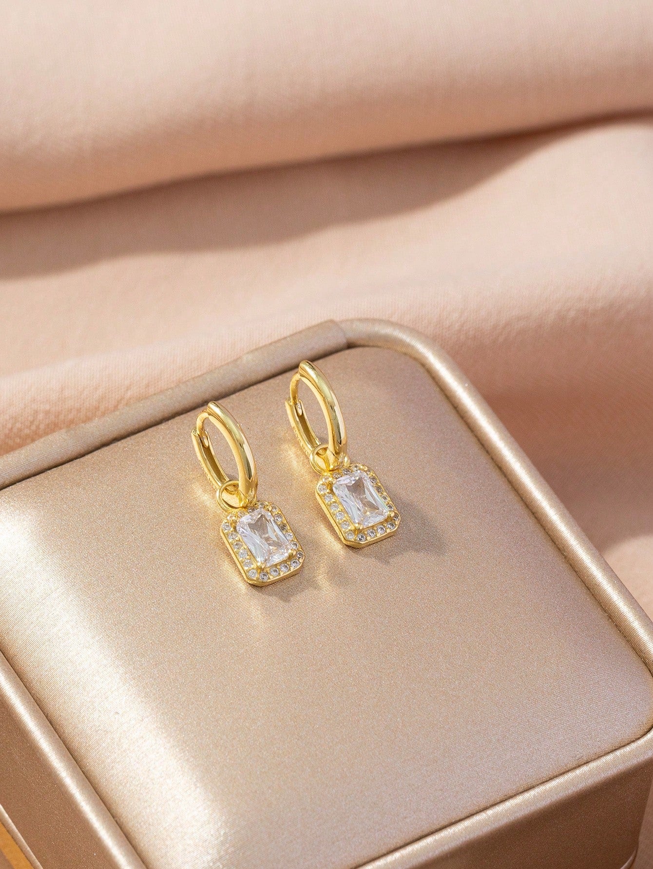 1 Pair 925 Sterling Silver Elegant Square  S925 Drop Diamond Earring For Bridal Jewelry-Yellow Gold-1