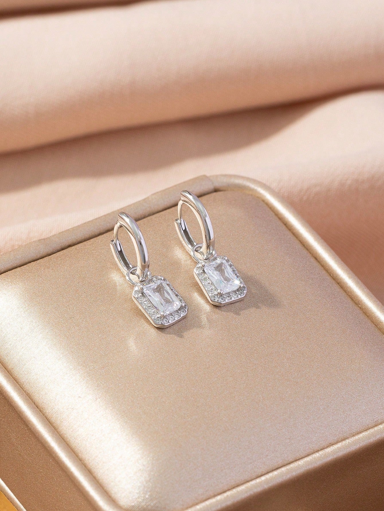 1 Pair 925 Sterling Silver Elegant Square  S925 Drop Diamond Earring For Bridal Jewelry-Silver-1