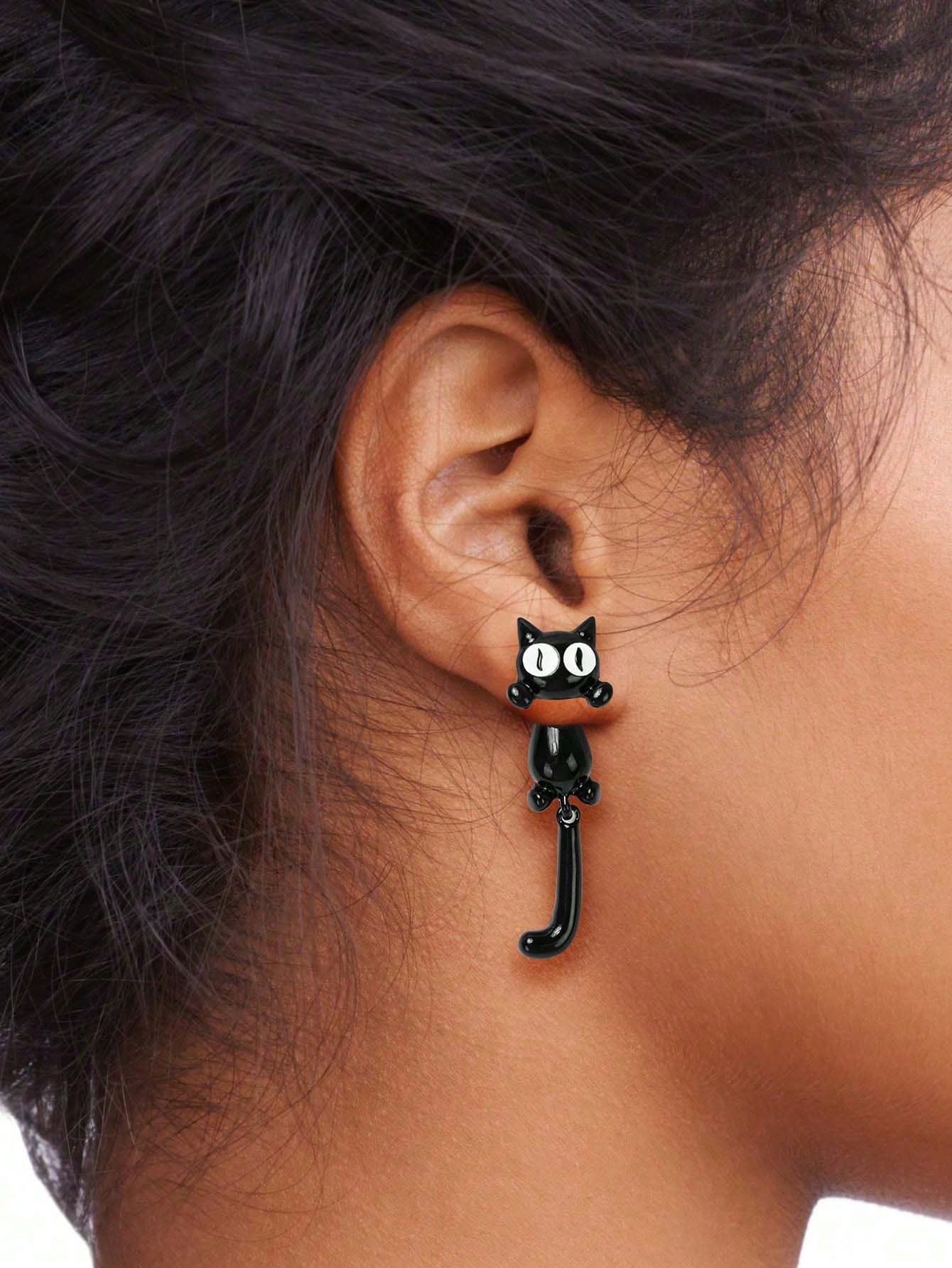 1pair Womens' Lovely Mischievous Cat With Big Eyes & Long Tail Pendant Design Separable Creative Stud Earrings-Multicolor-1