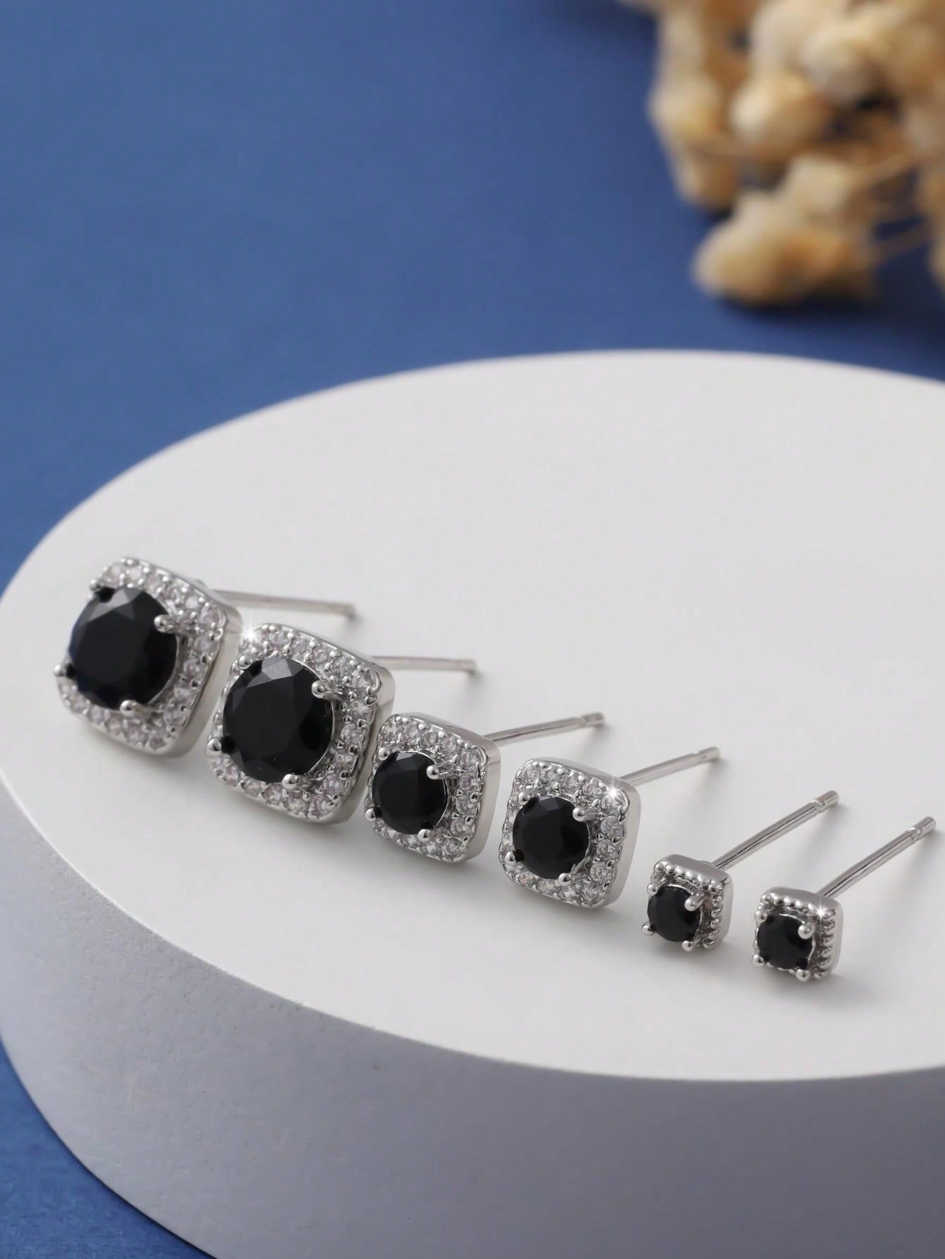 3pairs Fashionable Delicate Small Zirconia Stud Earrings For Women, Dating & Daily Wear-Black-1