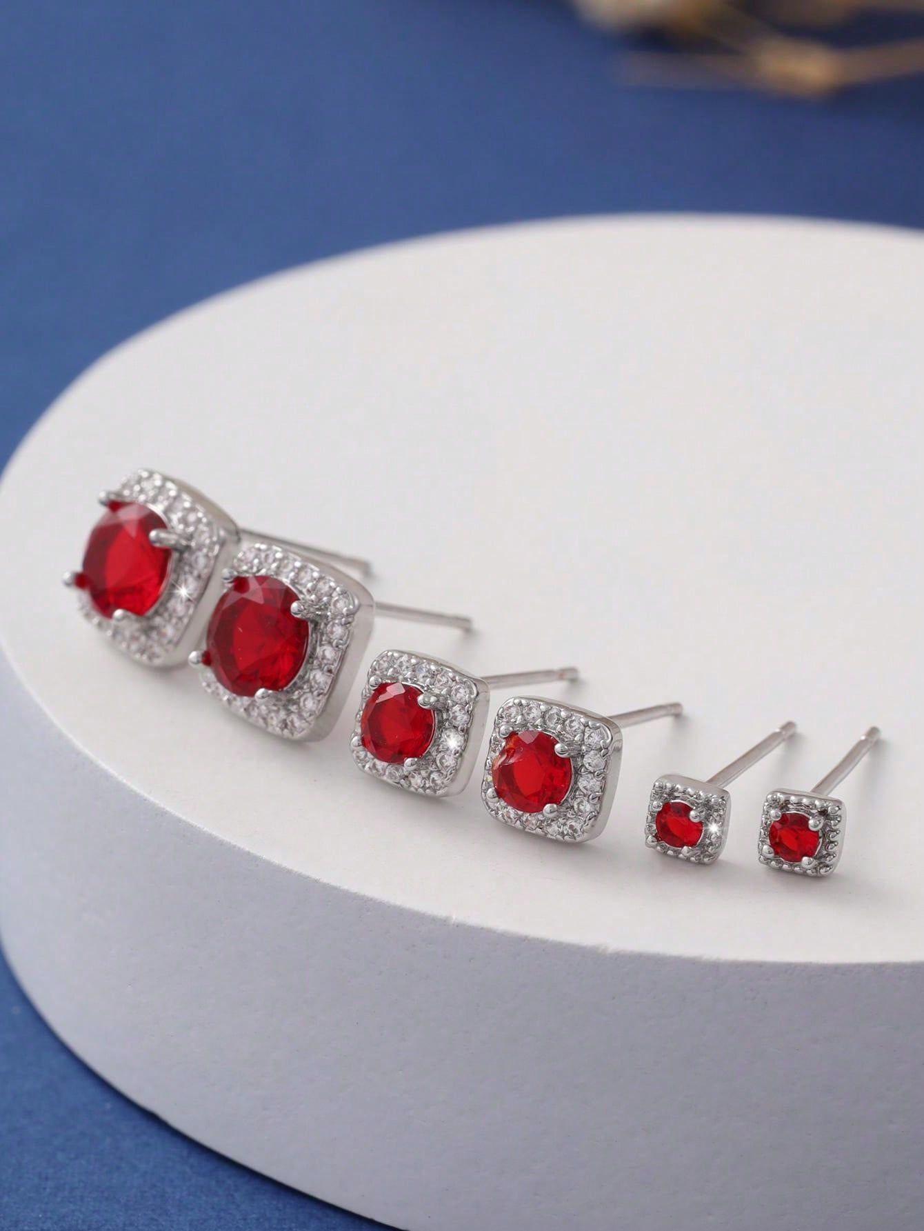 3pairs Fashionable Exquisite Small Cubic Zirconia Stud Earrings For Women, Suitable For Dating & Daily Wear-Red-1