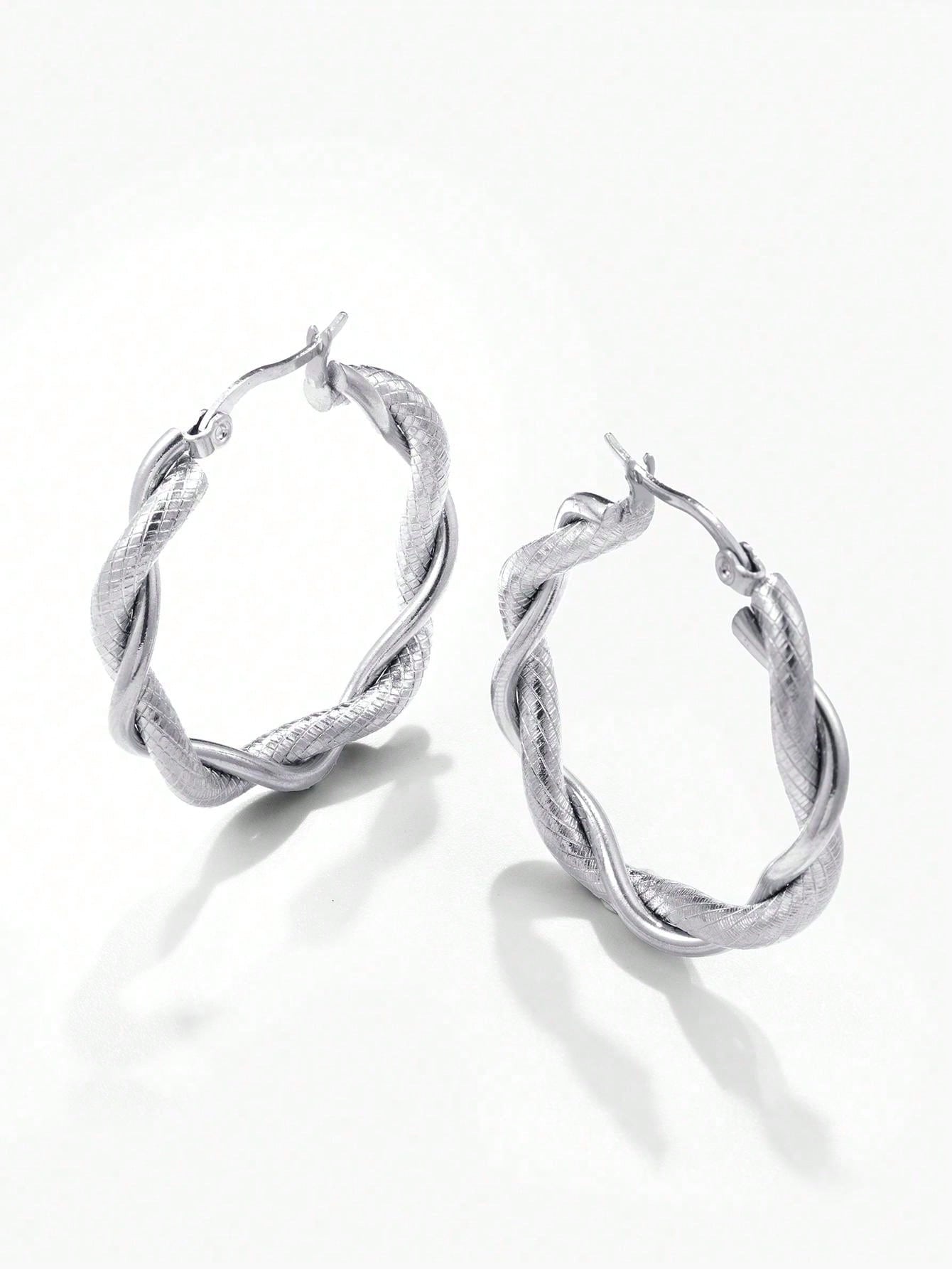 1 Pair Of Fashionable Silver Plated 18k Titanium Steel Twisted Double Wire Earrings With Vintage Minimalistic Design-Silver-1