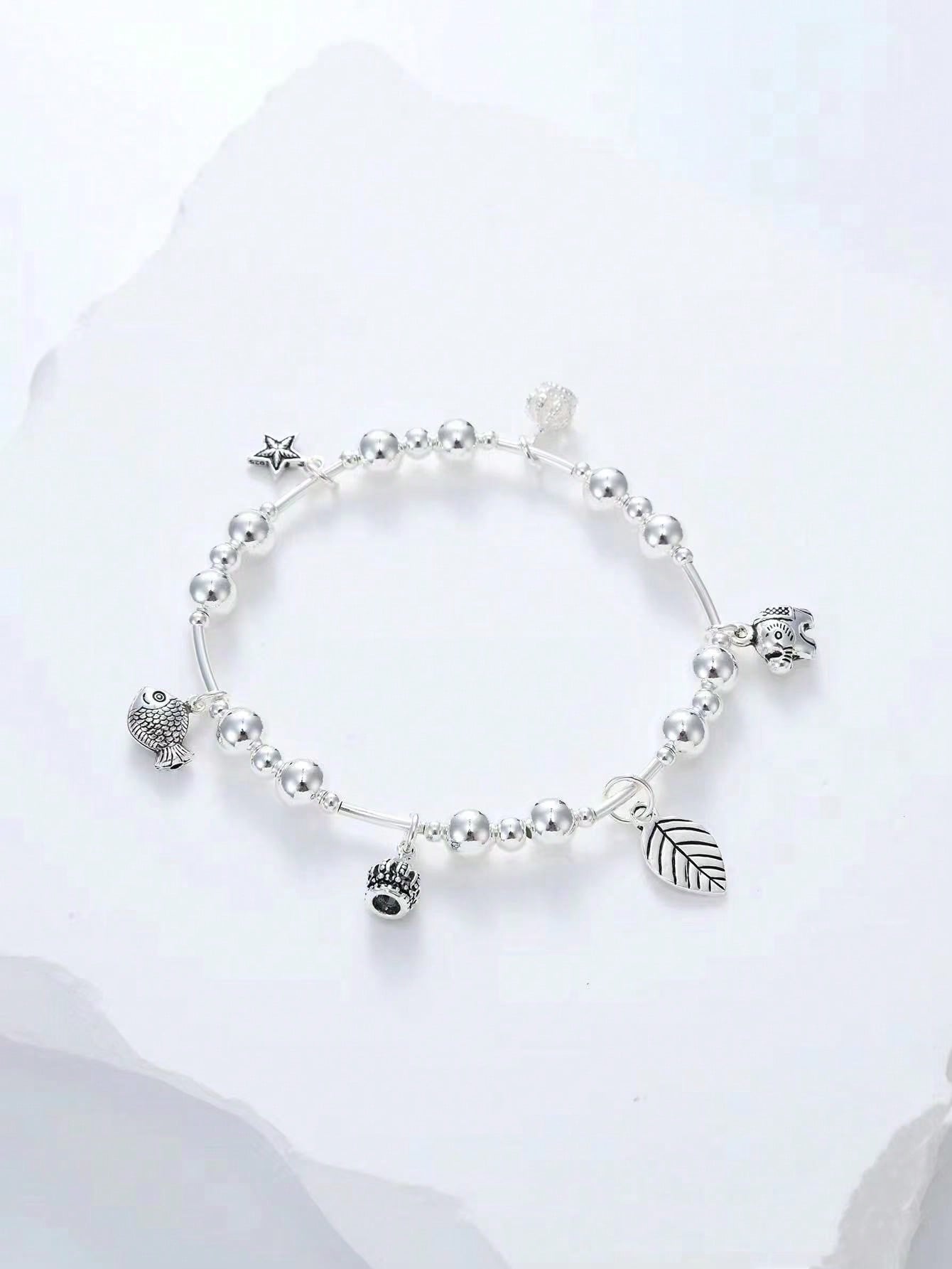 1pc Unique And Personalized 925 Sterling Silver Fish, Star, Crown, Leaf, Elephant Detail Bracelet For Women, Perfect For Daily Wear-Silver-1