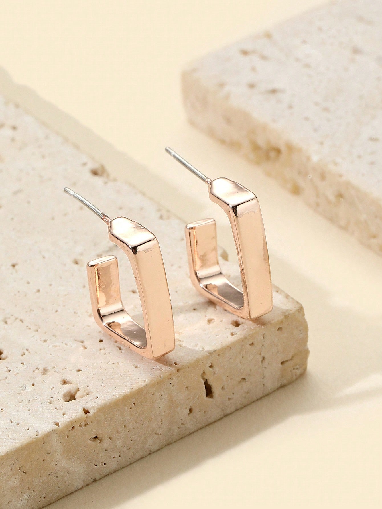 1pair European And American Style Fashionable Simple Square Glossy Open Alloy Geometric Women'S Stud Earrings For Daily Wear-Rose Gold-1