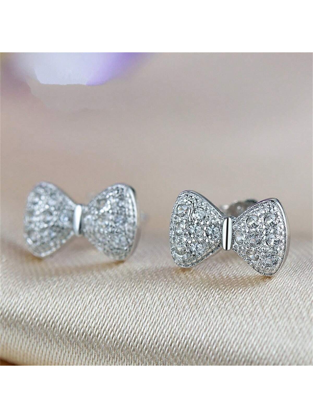 925 Sterling Silver Bow Stud Earrings For Women, Simple Design & Zirconia Inlaid Fine Jewelry-Silver-1