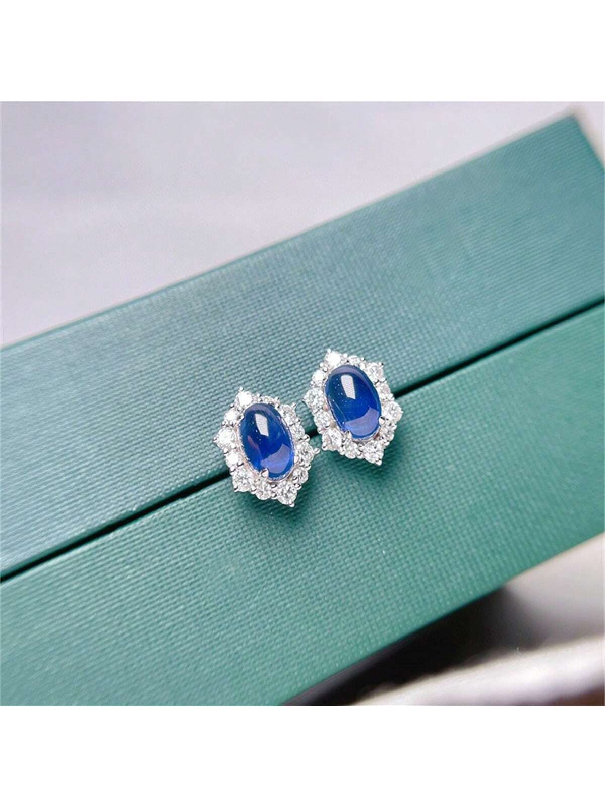 925 Sterling Silver Blue Dendritic Stone Stud Earrings With Cubic Zirconia Inlay, Jewelry For Women-Silver-1