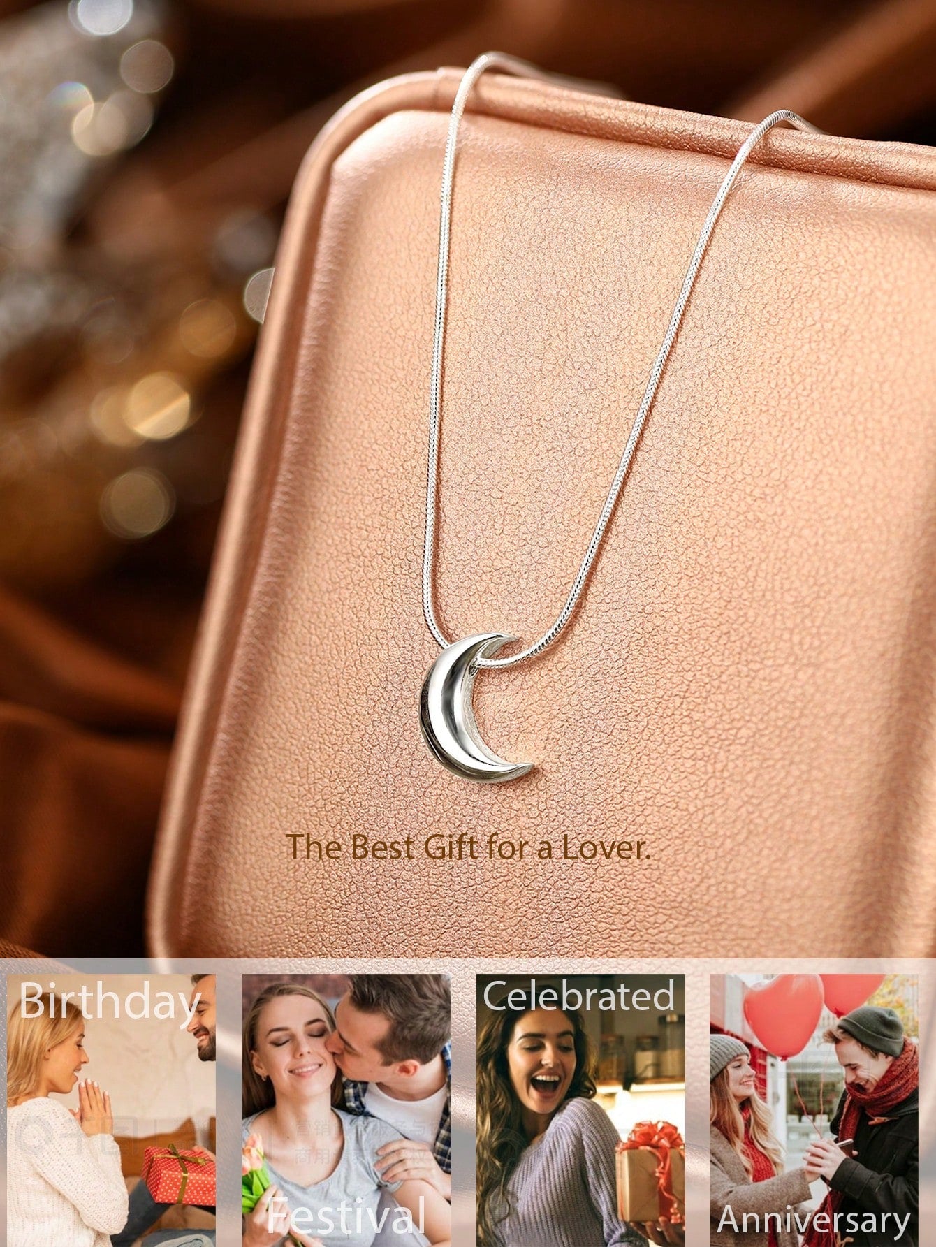 1pc Fashionable Handmade Silver Moon Shaped Pendant Necklace With Packaging, For Girlfriend, Anniversary, Quality Jewelry-Silver-1