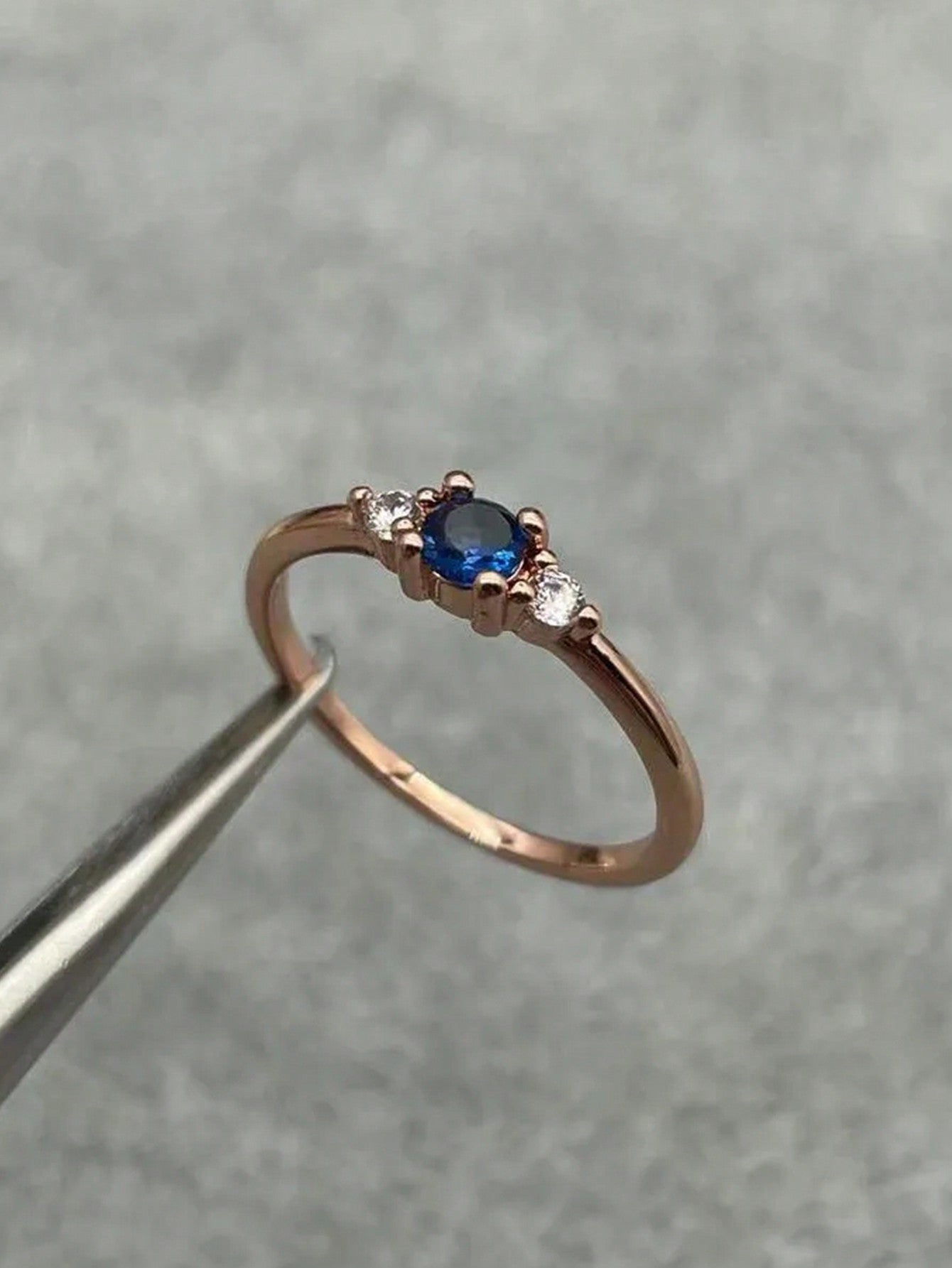 1pc S925 Silver Cubic Zirconia Ring With Blue Stone & Simple Design, Suits Ladies For Daily Wearing Or Engagements-Rose Gold-1