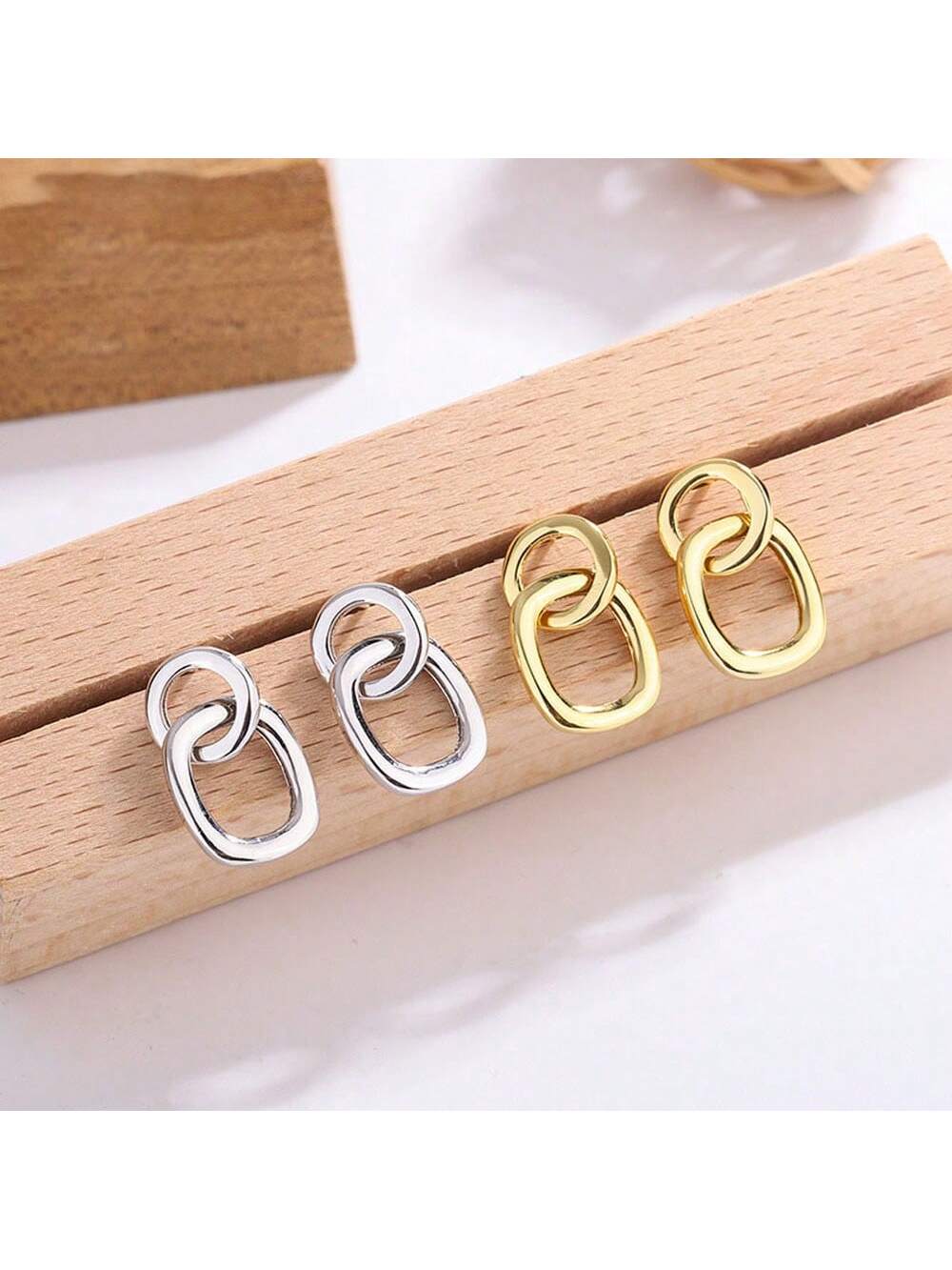 S925 Sterling Silver Double Ring Stud Earrings For Women With Simple, Fashionable, Versatile & Unique Design Sense-Gold-1