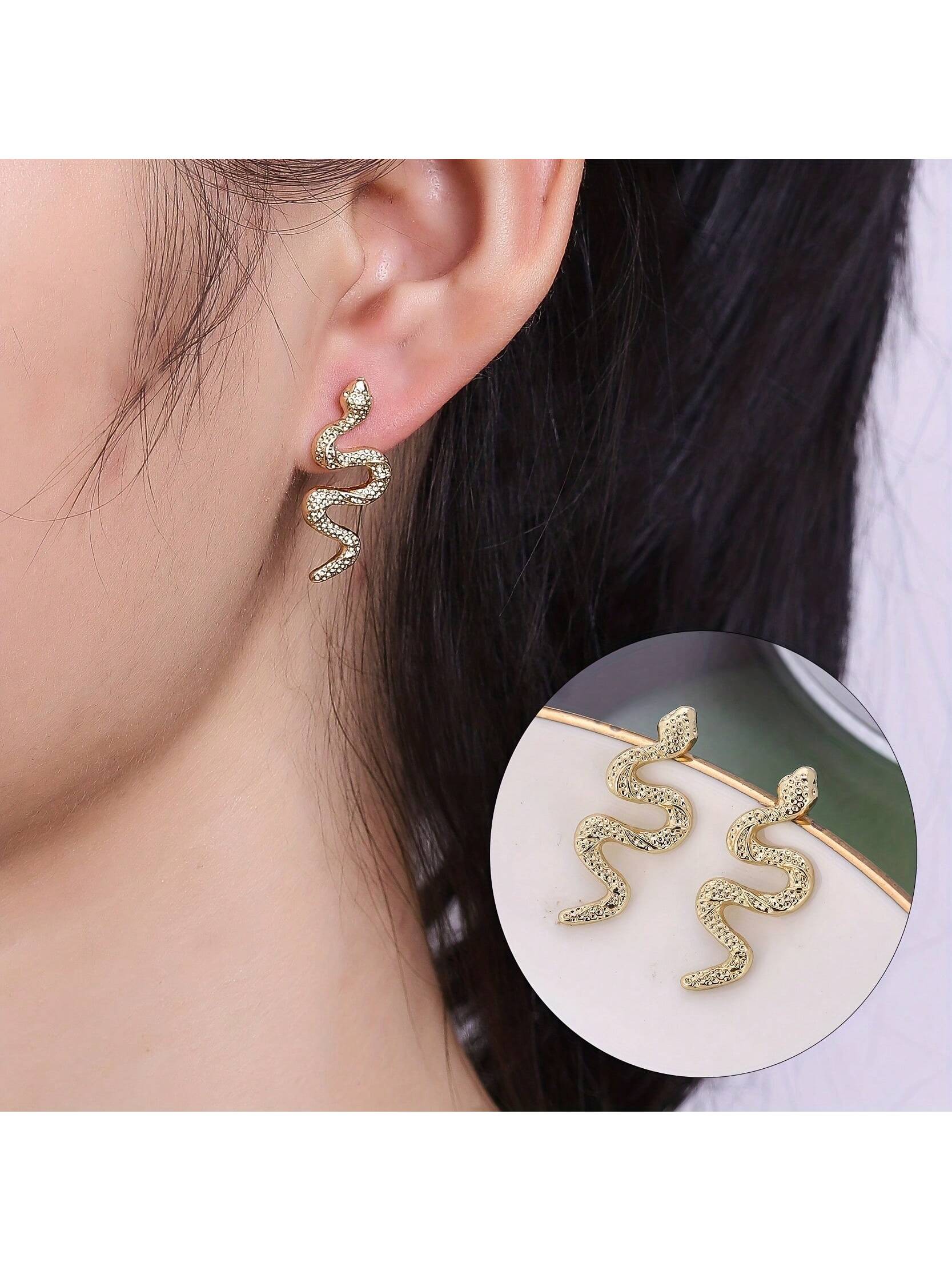 1pair Long Snake Shaped Ear Studs Fashionable Accessory--1