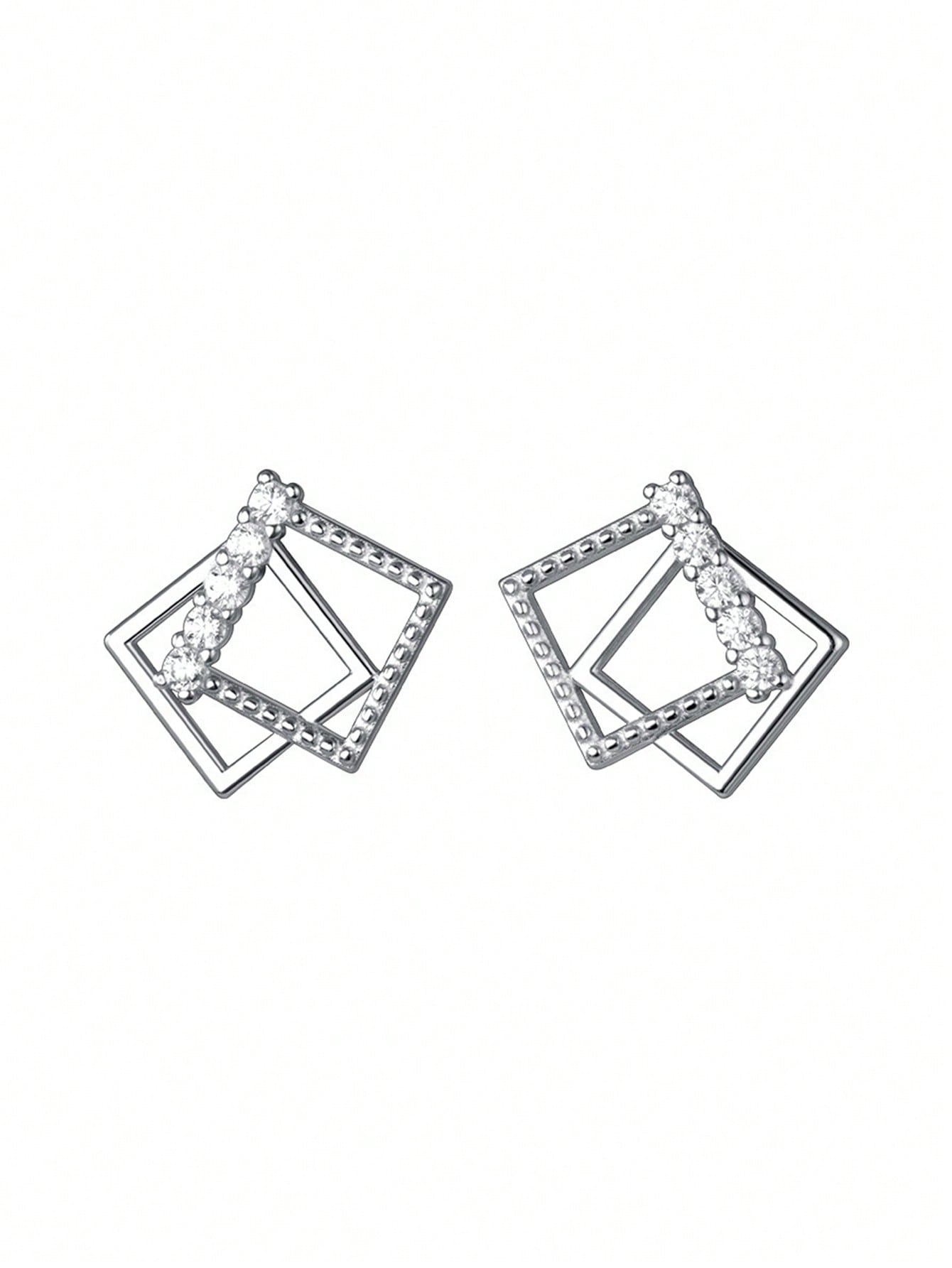 1pair Ins Style 925 Silver Cubic Zirconia Inlaid Hollow Out Square Stud Earrings, Unique Delicate Design, Trendy And Versatile--1