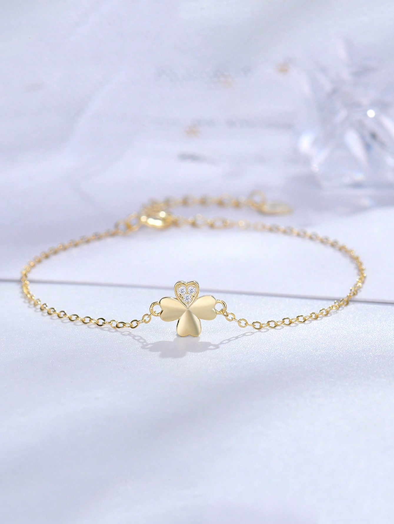 Luxury S925 Silver Plated 14k Gold Delicate & Elegant Clover Bracelet For Women With Diamond Decoration Classic Design-Gold-1